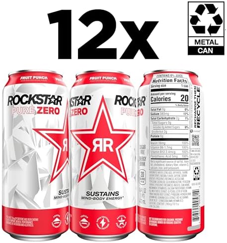 Rockstar Pure Zero Energy Drink, Fruit Punch, 0 Sugar, with Caffeine and Taurine, 16oz Cans (12 Pack) (Packaging May Vary)