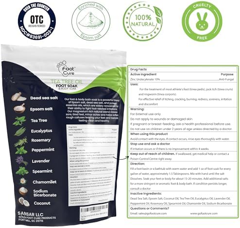 Tea Tree Oil Foot Soak with Epsom Salt - For Toenail Repair, Athletes Foot, Softens Calluses, Soothes Sore & Tired Feet, Nail Discoloration, odor Scent, Spa Pedicure Care - Made in USA 16 oz