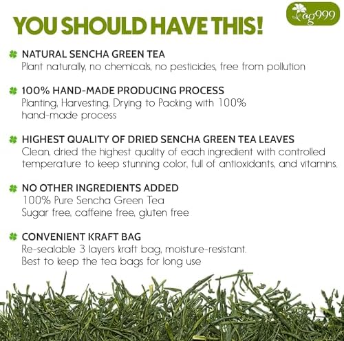 TOG999, Premium 60 Sencha Green Tea Bags, 100% Natural & Pure from Sencha Green Tea Leaves. Loose Leaf Sencha Herbal Tea. No Sugar, No Gluten, Vegan.