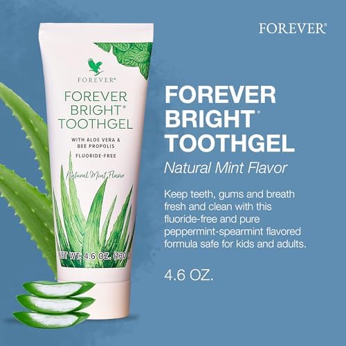 Forever Living - Bright Toothgel, Fluoride-Free Aloe Vera Gel with Bee Propolis, Peppermint-Spearmint Flavor, 4.6 oz, 2 Pack