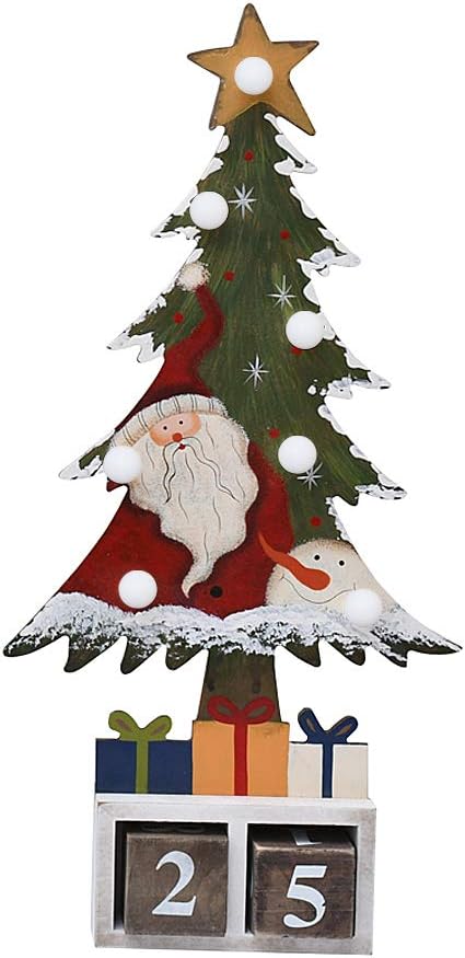 E-view Christmas Advent Calendar Wooden Xmas Tree Tabletop Decor with Lights, Rustic Countdown with Number Blocks Wood Santa Snowman Decoration Indoor Holidays Ornament (Santa)