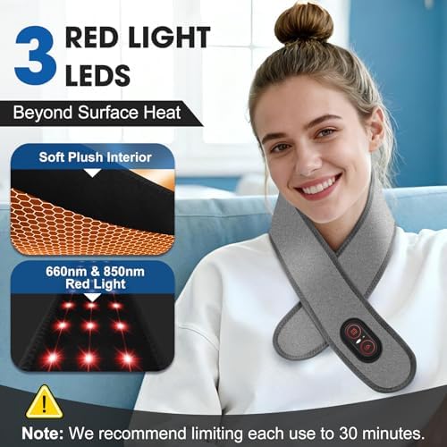 Cordless Neck Heating Pad for Pain, Neck Massager with 660nm 850nm Red Light, Neck Heating Pad for Pain Electric, Heated Neck Brace Wrap for Soreness Stiffness Pain Relief