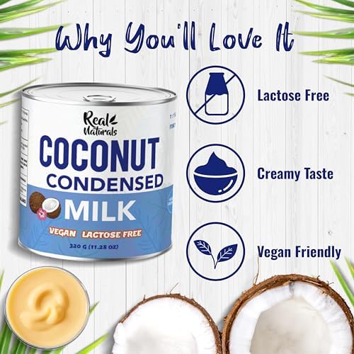 Sweetened condensed coconut milk (6 cans) vegan coconut condensed milk sweetened. Caramel sweet condense coconuts milks. Lactose dairy free. Leche condensada de coco leche de coco. Real Naturals
