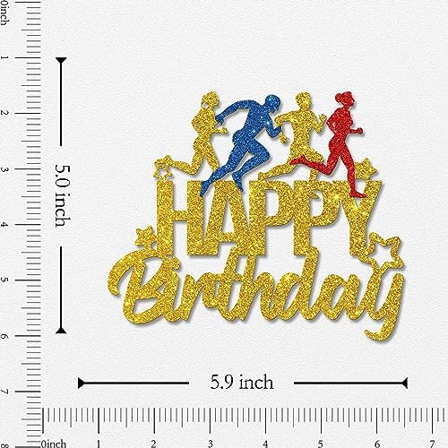 WeBenison Marathon Happy Birthday Cake Topper, Sport Running Birhday Cake Supplies, Sport Keep Fit and Fitness Theme Running enthusiasts Birthday Party Decorations Gold Glitter
