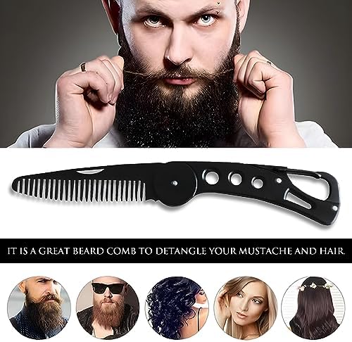 Stainless Steel Folding Beard Comb - Portable Multifunction Anti Static Comb with Leather Cover for Men Grooming, Combing Hair, and Mustache Styling