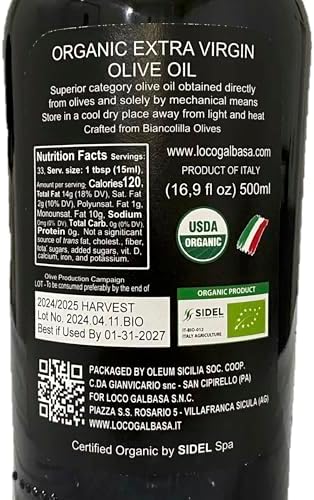 Galbasa - Organic Olive Oil from Sicily, Italy - Extra Virgin, First Cold Pressed, Early Harvest - Polyphenol Rich, Peppery Finish, No Pesticides - 16.9 fl oz