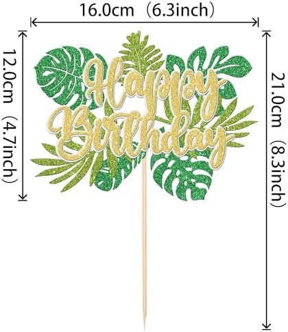 1 PCS Tropical Leaves Cake Topper Green Glitter Happy Birthday Cake Pick Jungle Palm Leaf Cake Decoration for Tropical Leaves Theme Baby Shower Kids Birthday Party Cake Decorations Supplies