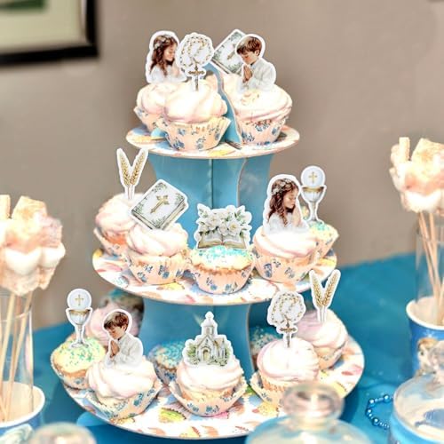 40PCS Edible Holy Grail Lily Cross Cupcake Toppers Pray Girl Boy Cupcake Picks for Baptism First Communion Party Decor Christening Celebration Religious Birthday Party Decorations Supplies