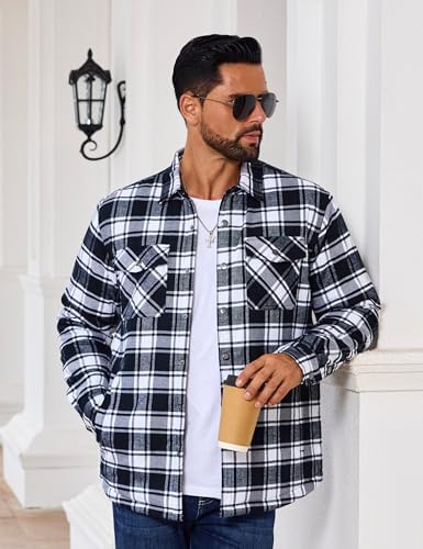 EKLENTSON Men's Flannel Shirt Jacket Quilted Lined Plaid Coats Warm Winter Jacket Thick Button Down Coat with 5 Pockets