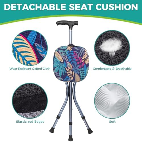 Folding Cane with Seat,Adjustable Walking Stick for Seniors,Lightweight Walking Cane with LED Light,Height Adjustment Cane Seat,Portable Cane Chair,Sturdy Crutches Stool,Supports up to 250 lbs