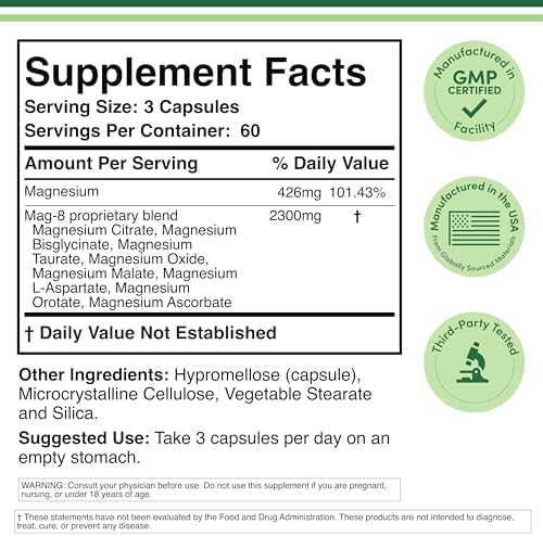 Magnesium Complex Supplement 180 Capsules (426mg Elemental Magnesium Provided by 2,300mg of Eight Different Forms of Magnesium) MAG-8 Provides 100% Daily Recommended Value of Magnesium by Double Wood