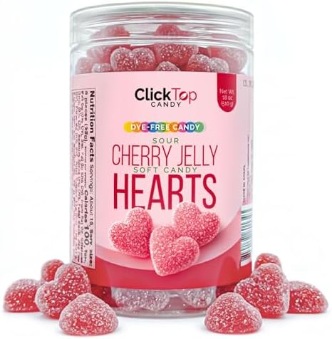 Cherry Jelly Hearts | 18 Ounce Jar | Dye Free Candy | Sour Candy Hearts for Dessert Topping, Gifting, and Holiday Buffets | Classic Soft Cherry Jellies