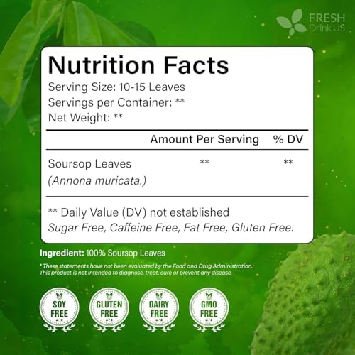 FreshDrinkUS, 240+ Premium Soursop Graviola Dried Leaves Tea, 230-250 Whole Soursop Leaves, Wildcrafted, Graviola , Guanabana , Hoja Guanabana, Loose Leaf Herbal , No Gluten, Vegan