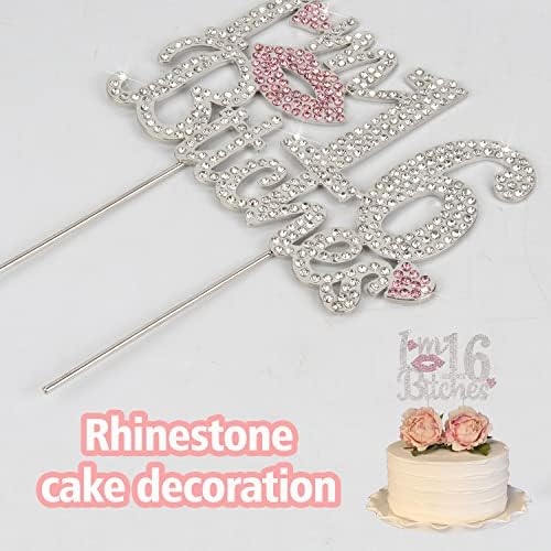 I'm 16th Funny Birthday Pink Rhinestone Cake Topper - Happy 16th Birthday Cheers to 16 Years Old Sixteen Bday Party Metal Sparkly Food Centerpieces Topper Decorations Sign.