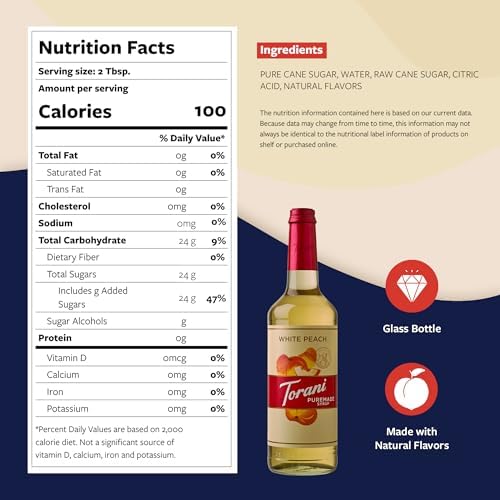 Torani Puremade Syrup, White Peach Flavoring for Drinks, Glass Bottle with Pump Included, 25.4 Fl Oz