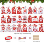 Christmas Bags, 24 Days Hanging Countdown Calendar Bags, 24 Pieces Christmas Drawstring Gift Bags, Reusable Fabric Gift Bags for Filling for DIY Decorations (Red)