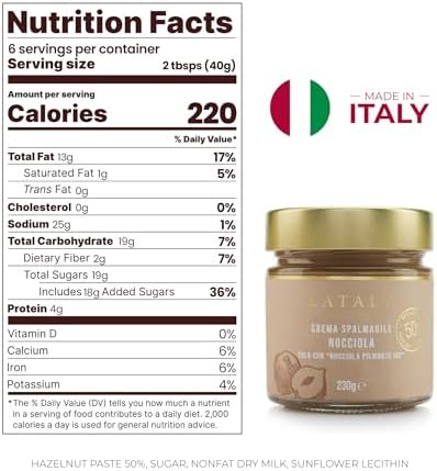 Eataly Hazelnut Spread, Crema Spalmabile Nocciola- Made in Italy, 230g/ 8.1oz. Jar, 1-Pack