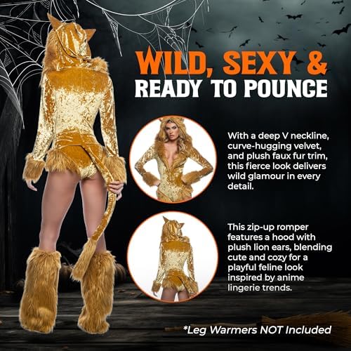 Sexy Lion Costume Adult Womens Halloween Costume: Lusty Lioness Scaredy Lion Bodysuit, Sexy Furry Animal Costume for Women