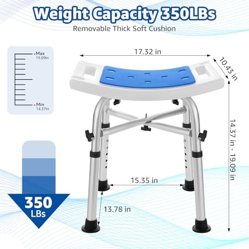 Shower Chair Bath Stool Seat 350 Lbs, Height Adjustable Bath Bench with Padded Seat for Seniors, Shower Stool Chair for Inside Shower, Shower Seat Stool with Heavy Duty Crossbar Support (Blue)