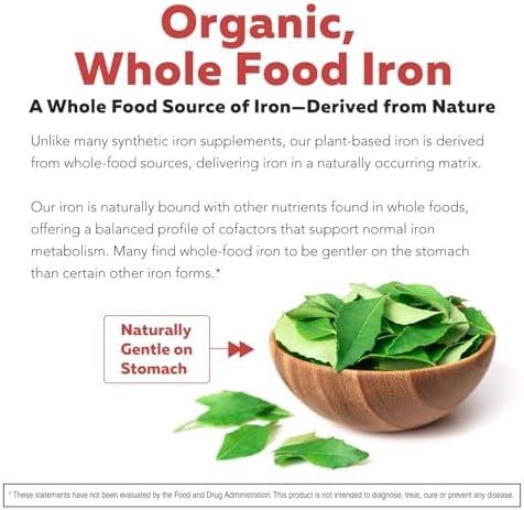 Organic Iron Supplement | Whole Food Mineral & Cofactors, 25 mg Elemental | Enhanced Absorption Plus Blood Health Vitamins – Gentle Form – Supports Healthy Levels & Blood Health – 90 Capsules