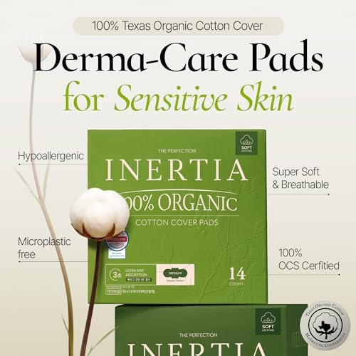 INERTIA The Perfection Green – 100% Organic Cotton Korean Pads with Wings | Regular Absorbency | Breathable Bio-Film for Fast Absorption, Leak-Proof & Hypoallergenic Period Pads for Women (14 Count)