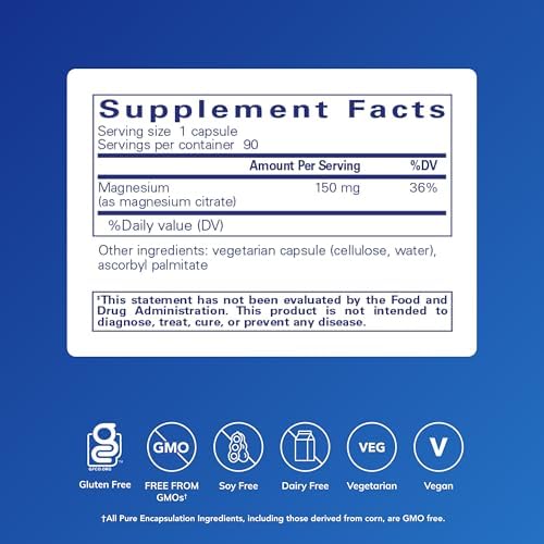 Pure Encapsulations Magnesium (Citrate) - Supplement for Sleep, Heart Health, Cognitive Health, Bone Health, Energy, Muscles, and Metabolism* - with Premium Magnesium - 90 Capsules