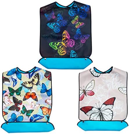 3 Pack Adult Bibs for Eating,Butterfly Washable Reusable Clothing Protector for Elderly Women 33.5" x 18"