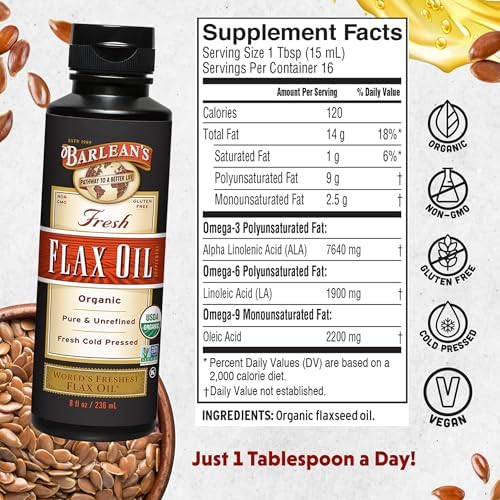 Barlean's Organic Flaxseed Oil Liquid from Fresh Cold Pressed Flax Seeds, 7,640mg ALA Omega 3 Fatty Acid Supplement for Skin and Hair Care, Vegan & Gluten Free, 8 oz