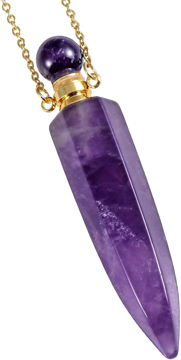 Nupuyai Natural Amethyst Crystal Stone Essential Oil Diffuser Necklace for Women and Men, Hexagonal Perfume Bottle Pendant
