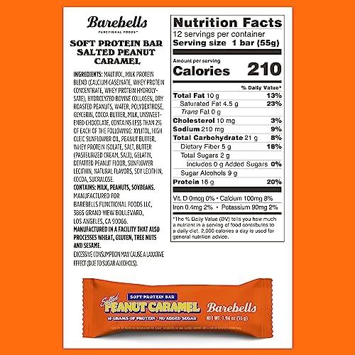BAREBELLS Soft Protein Bars Salted Peanut Caramel - 12 Count, Pack of 2 - Protein Snacks with 16g of High Protein - Chocolate Protein Bar with 2g of Total Sugars - Soft Protein Snack & Breakfast Bars