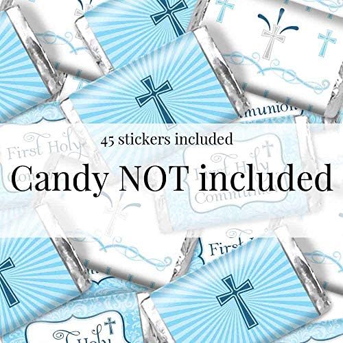 First Holy Communion Mini Chocolate Candy Bar Sticker Wrappers for Boys, 45 1.4" x 2.6" Wrap Around Labels by AmandaCreation, Great for Party Favors