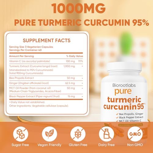 Biorootlabs Turmeric Curcumin Supplement 1000mg – 95% Curcuminoids with Ginger, Bee Propolis, Black Pepper, MCT Oil – High Absorption Formula for Wellness & Immune Support – 120 Capsules(1)