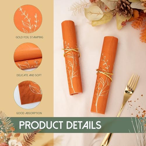 Terracotta Napkins 2- Ply Disposable Dinner Paper Napkin 100 Pcs Gold Foil Leaves Fall Napkins for Dinner Picnic Birthday Wedding Party