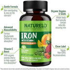NATURELO Vegan Iron Supplement with Vitamin C and Organic Whole Foods - Gentle Iron Pills for Women & Men with Iron Deficiency Including Pregnancy, Anemia and Vegan Diets - 90 Mini Capsules