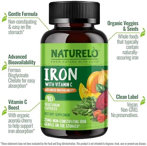 NATURELO Vegan Iron Supplement with Vitamin C and Organic Whole Foods - Gentle Iron Pills for Women & Men with Iron Deficiency Including Pregnancy, Anemia and Vegan Diets - 90 Mini Capsules