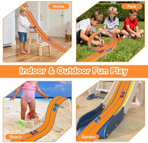 Flexible Race Track for Kids - 15Ft Flex Race Car Track| Rolls Up Portable DIY Racetrack Compatible with Hot Wheels & Diecast 1/64th Cars | Christmas Birthday Gifts for Boys Girls Ages 3+ (Orange)