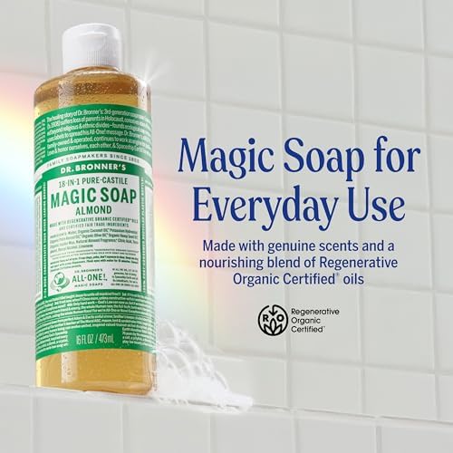 Dr. Bronner's Pure-Castile Magic Soap Liquid (Almond, 8 Ounce) - Made with Regenerative Organic Certified Oils, 18-in-1 Uses: Face, Body, Hair, Laundry, Pets and Dishes, Concentrated, Vegan, Non-GMO