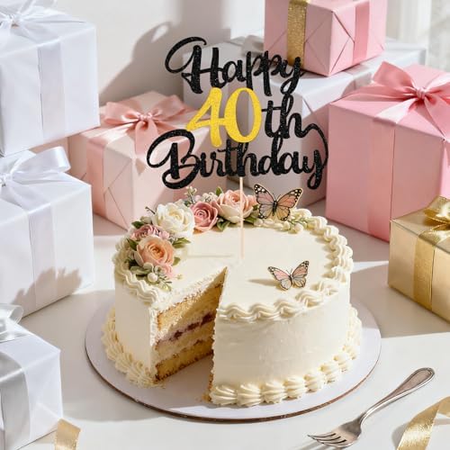1 PCS Happy 40th Birthday Cake Topper, Black and Gold Glitter Cheers to 40 Years Cake Pick, 40 Fabulous Cakes Decoration for 40th Birthday Party Supplies for Women Men Anniversary