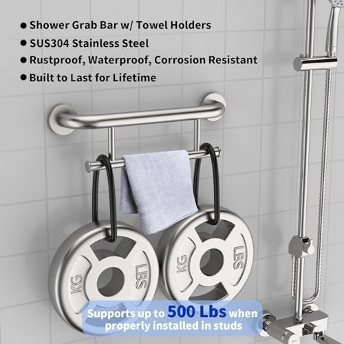 Brushed Nickel Grab Bar 17 Inch w/Towel Holder, iHansee Stainless Steel Shower Towel Bar Bathroom Balanced Support Handle, Wall Mount Safety Handrail Grab Rail for Elderly Senior Handicap Disabled