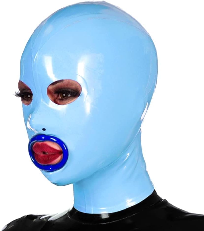 Latex Hood Mask Female Catsuits Full Cover Mask with Red Lip Rim Zipped Handmade
