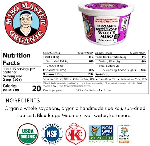 Miso Master Organic Mellow White Miso, Gluten-Free, Organic, Non-GMO, Vegan, Kosher, Vegan White Miso Paste, 16 oz tub