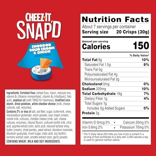 Cheez-It Snap'd Cheese Cracker Chips, Thin Crisps, Lunch Snacks, Cheddar Sour Cream and Onion, 45oz Case (6 Bags)