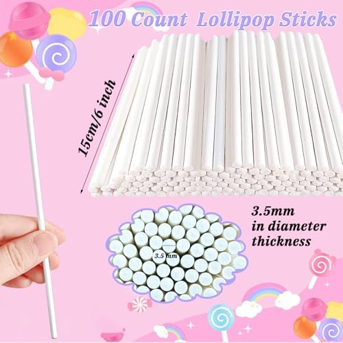 100 Count 6 Inch White Lollipop Sticks,Paper Cake Pop Stick,Sucker Treat Sticks for Chocolate Cookies Donut Packaging Wedding Party Cupcake Toppers Supplies 3.5mm