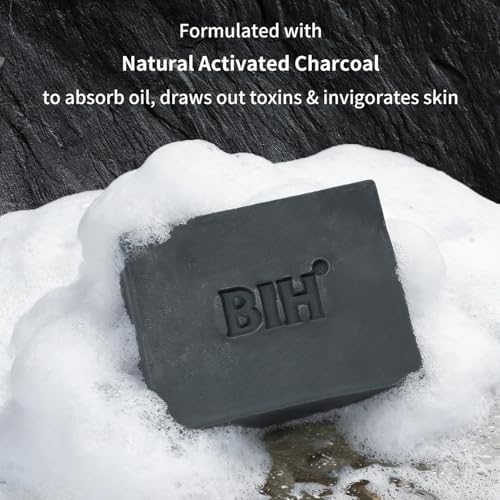 BIH Activated Charcoal Soap, 2 Pack Cold Process Black Soap Bar with Tea Tree Essential Oil, Gentle Detoxifying, Soothing Skin, Removes Excess Oil & Odor Control – Gifts for Men & Women (3.5oz Each)