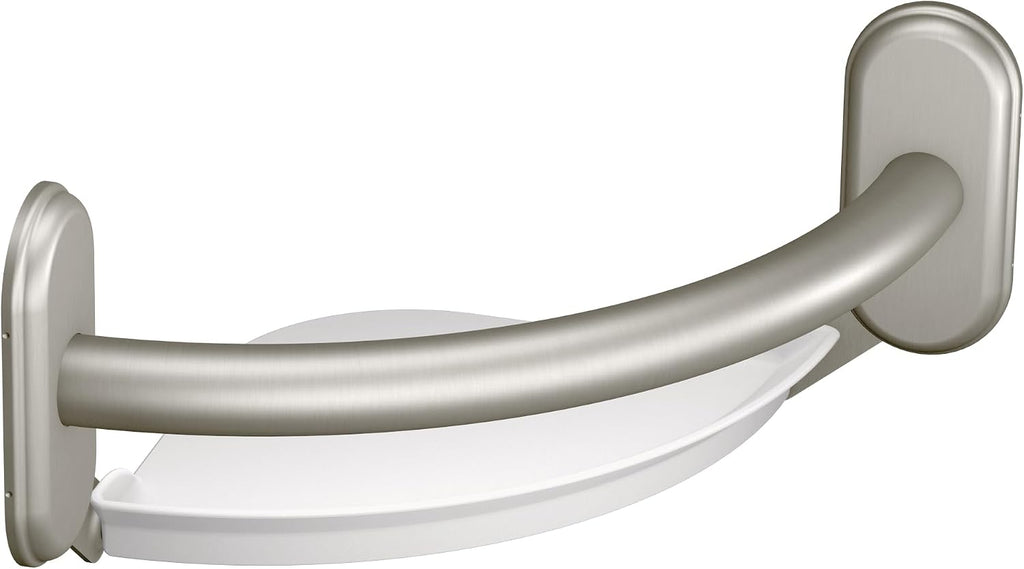 Moen LR2354DBN Bathroom Safety 9-Inch Curved Bathroom Grab Bar with Integrated Corner Shelf, Brushed Nickel