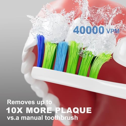 7AM2M Sonic Electric Toothbrush for Adults and Kids, 40000VPM Power Toothbrushes, Fsat Rechargeable with 4 Brush Heads, 5 Modes, 2 Minutes Built in Smart Timer, One Charge for 60 Days (White)