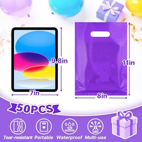 ANZNKU 50 PCS Purple Party Favor Bags, Goodie Bag for Candy Treat Jewelry Craft, Plastic Gift Bags with Die Cut Handles for Birthday, School Events & Small Business, Halloween, Easter Gifts(8x11 inch)