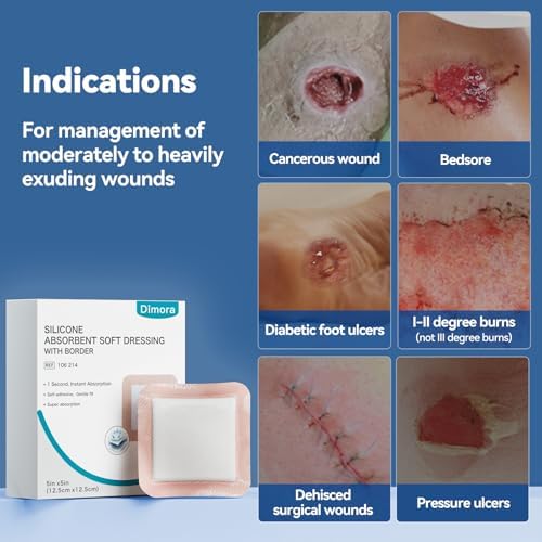Dimora 20 Count Silicone Super Absorbent Wound Dressing - Gentle Border 5" x 5" Adhesive Bandages for Diabetic Foot Ulcers, Heavy Exudate Wound Care Pads with Ultrasorb Polymer