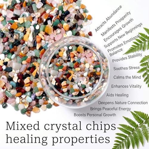 Mixed Crushed Crystal Chips Bulk 1lb 1200+Pcs Assorted Tumbled Stone Chips Natural Polished Mixed Chakra Aquarium Gravel Rocks for Plants Terrarium Supplies Fish Tank Gravel Pebbles Vase Filler