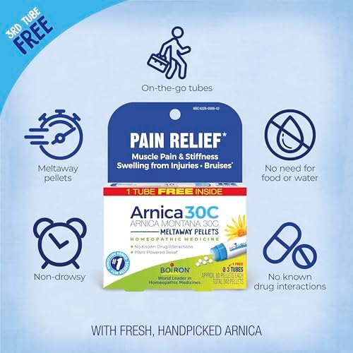 Boiron Arnica Montana 30C Homeopathic Medicine for Relief from Muscle Pain, Muscle Stiffness, Swelling from Injury, and Discoloration from Bruises - 3 Count (240 Pellets)
